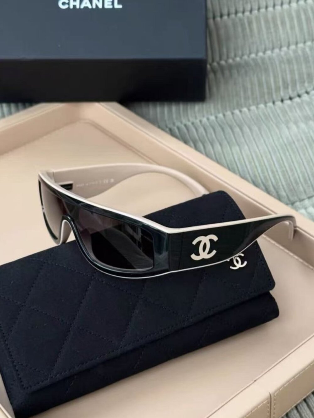CHANEL Black & White Wrap Around Shield Sunglasses Interlocking CC Logo